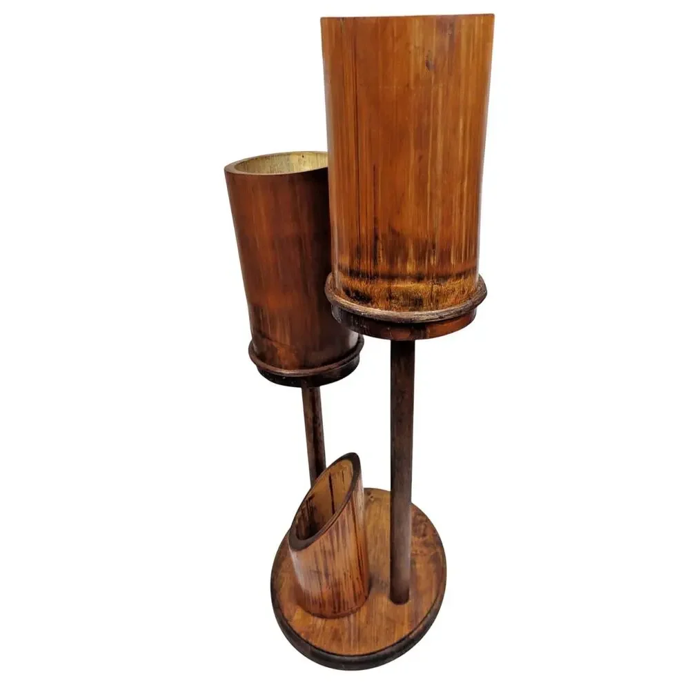 MCM Natural Bamboo Ikebana Teak Triple Candelabra Candle Holder 24
